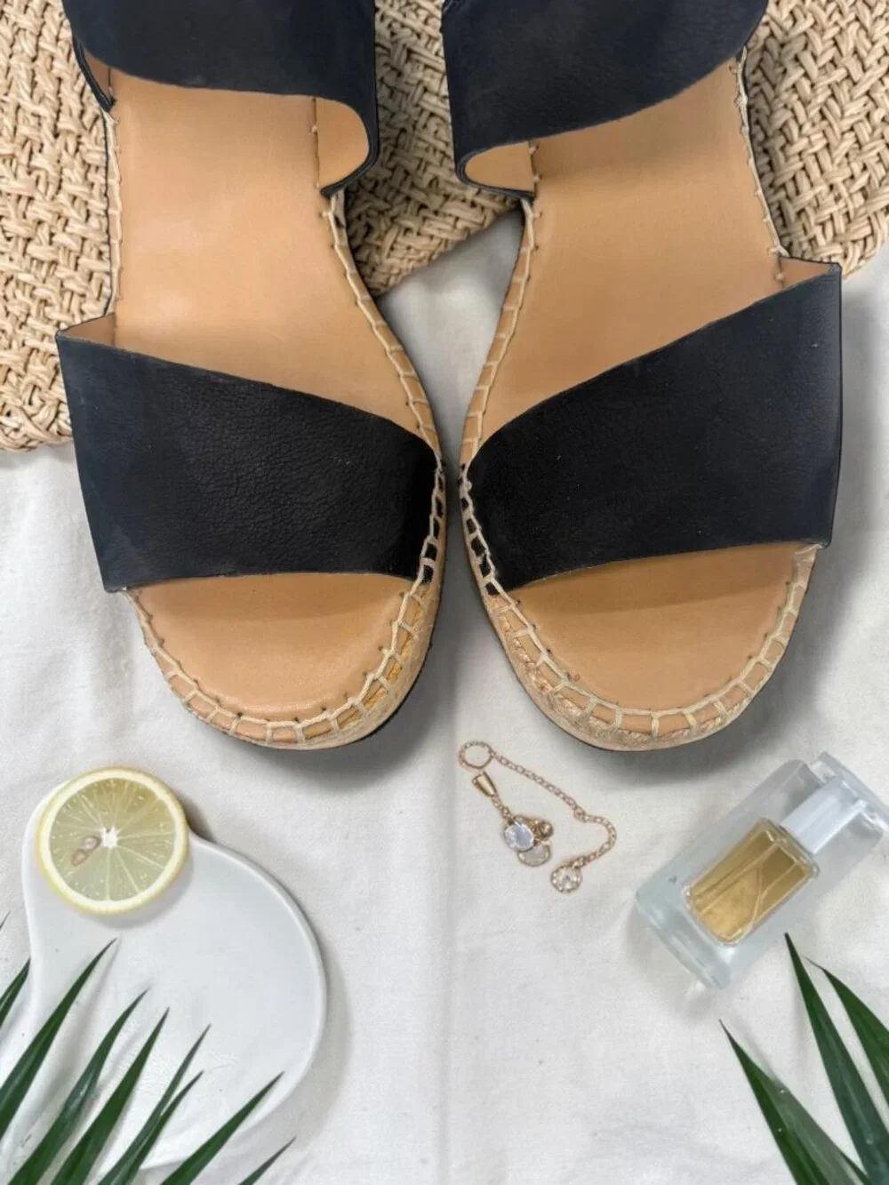 Franco Sarto Tulsa Black Leather Rope Espadrille Wedge Sandals 10